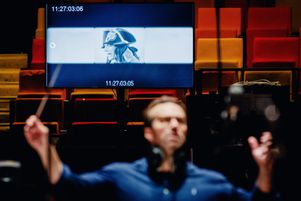À l’occasion de la restauration du film Napoléon, d’Abel Gance, enregistrement de la bande-son du film au studio 104 de la maison de la radio, avec l’orchestre national de France dirigé par Fabien Gabel, à Paris, le 8 décembre 2023.