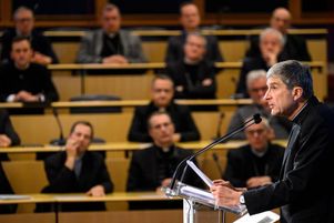 Éric de Moulins-Beaufort, archevêque de Reims et président de la Conférence des évêques de France (CEF) lors de la clôture du dernier jour de l’Assemblée plénière des évêques de France, à Lourdes, le 8 novembre 2023.